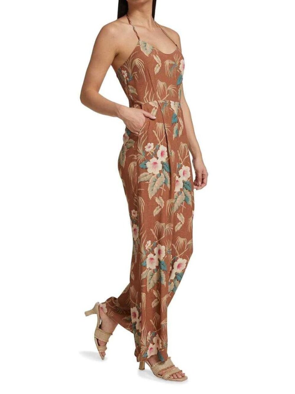 PAIGE Portland Halter Smocked Back Jumpsuit Mocha Bisque Multi Floral Size 8